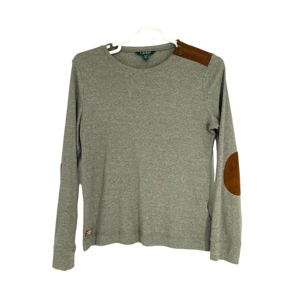 Lauren Ralph Lauren Long Sleeve Gray Tee With Suede Elbow Pads Size XL